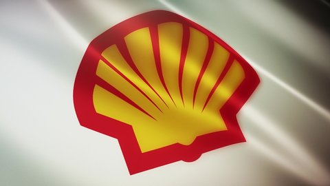 July 17,2020:4k Royal Dutch Shell Plc Company flag slow waving with visible wrinkles in Slow Motion wind blue sky seamless loop background.A fully digital rendering,loops at 40 seconds,cloth texture. 