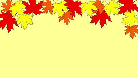 Animated colourful drawn background, frame with red, pink, yellow maple leaves. 