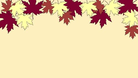 Animated drawn background, frame with red, pink, yellow maple leaves. Copy space.