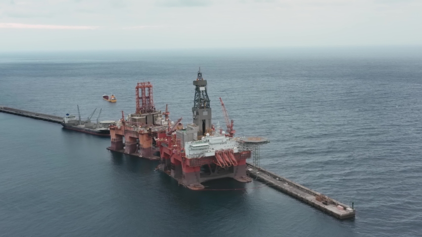 Panoramic View of Large offshore Oil Platforms Royalty-Free Stock Footage #1056049058