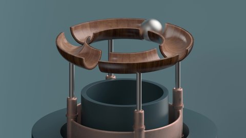 3d render of looped animation with metal ball rolling on wood circle segmented geometry. Satisfying video. Smooth light, realistic dynamic.