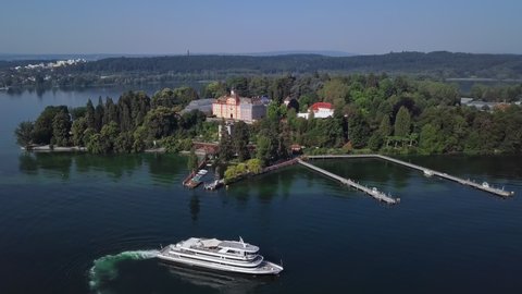 Aerial panorama of Mainau Island on calm morning at Lake Constance (Bodensee), Germany
