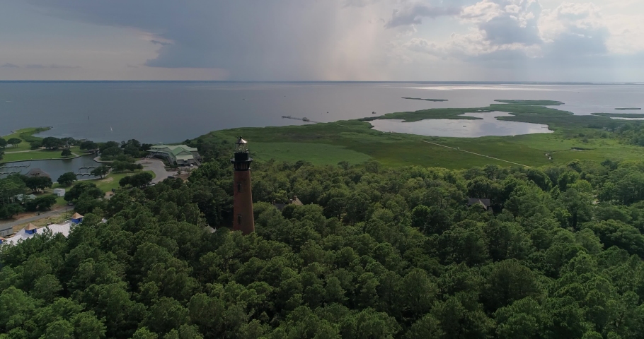 Historic Currituck Beach Lighthouse in Corolla, NC.  Aerial drone shot in the Outer Banks