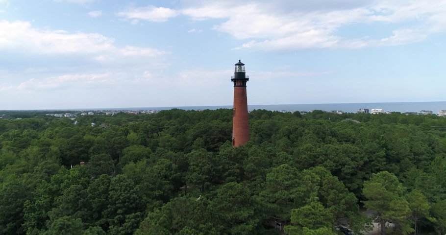 Historic Currituck Beach Lighthouse in Corolla, NC.  Aerial drone shot in the Outer Banks