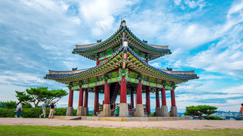Zoom out 4k,Time lapse daytime at Seojangdae.And moving clouds in Hwaseong Fortress at suwon city South Korea