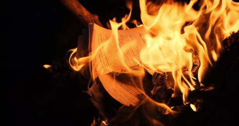 Education book on fire. Big bright flame, burning paper on old historic cultural publication. Destruction English diary journal with Latin characters. Bonfire conflagration in slow motion in the dark