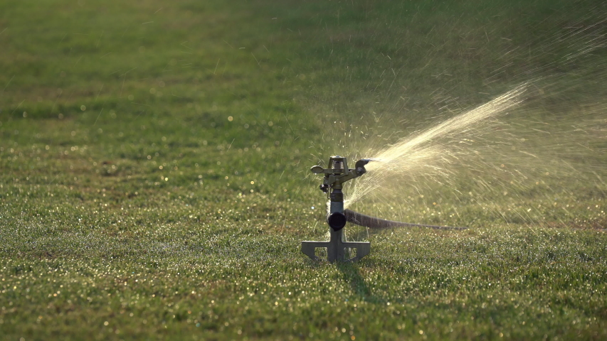 Summer sprinkler watering the green Bermuda grass. Royalty-Free Stock Footage #1056090518