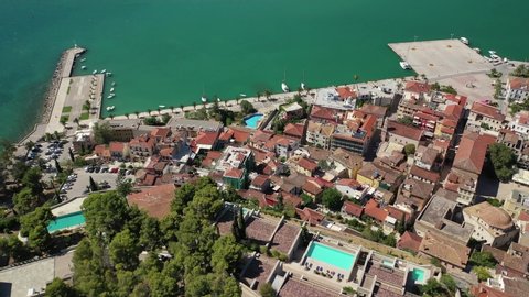 Aerial drone video of historic and picturesque seaside old town of Nafplio, Argolida, Peloponnese, Greece