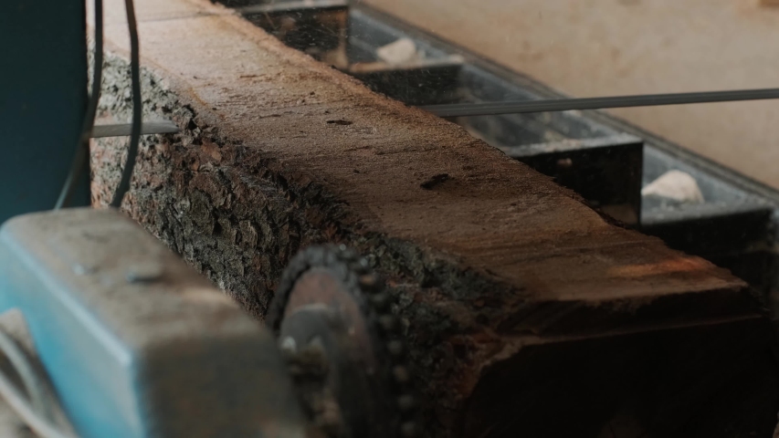 Sawing machine at wood production factory. Timber material processing and cutting at sawmill. Manufacturing process at lumber mill. Automatic Circular Sawing Machine 