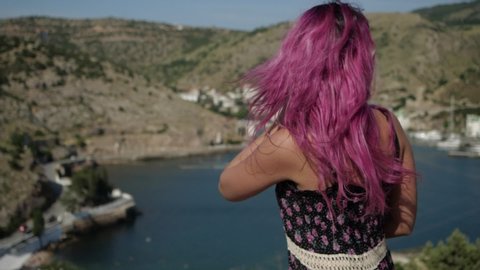 A girl with long tousled pink hair stands with her back to the camera enjoying a beautiful view from the cliff in front of her, below the water and the mountain
