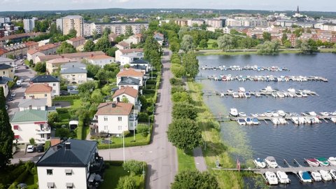 Areal shot of marieberg area close to mariebergsskogen and karlstad beach , on vänern lake in the city of karlstad, sweden