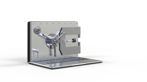 Online security concept with 3d rendering vault door on computer notebook 4k footage