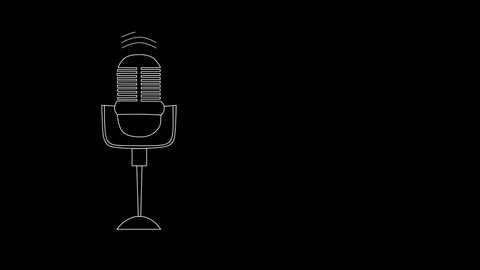 Self drawing animation of microphone. Copy space. Black background.