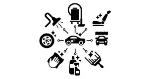 Car cleaning, washing service icon set. 2d, animation, cartoon, illustration, clip art, vector. Web page sign in black and white. Alpha channel. Time lapse. 