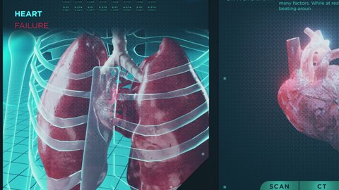 Heart failure and functions HUD. Cardiac disease, ilness medicine and healthcare system, cardiology screen hologram medical representation concept. Pulse concept pressure scan science anatomical