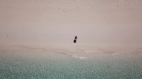 A drone shot of a man writing a 'Happy Birthday' sign on a white sand beach, on small island near Maumere, Indonesia. Happy and careless moments. Waves gently washing the shore. Paradise island
