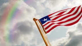 Flag of Liberia Waving in the wind, Cloudy and Rainbow Background, Slow Motion, Realistic Animation, 4K UHD 60 FPS Slow-Motion