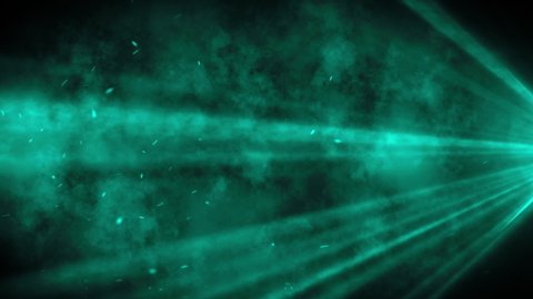 Abstract flare spotlight burst with smoke cloud and dust particles cinematic green turquoise color background. 4K Seamless looping video animation.