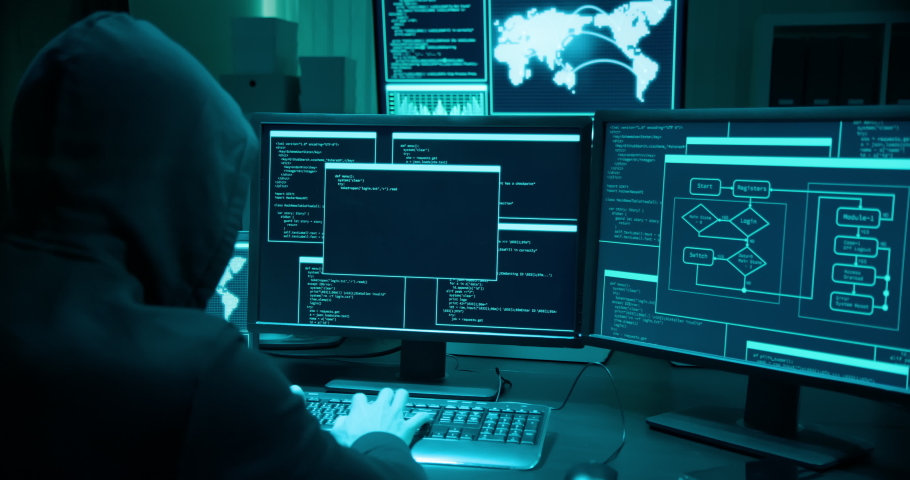 Backview of asian male hacker use computer to commit a crime Royalty-Free Stock Footage #1056124886
