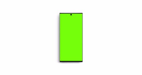 Smartphone mockup with green screen, front view, isolated on white background. 4K animation with camera track motion
