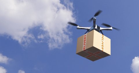 Drone parcel delivery service. Quadcopter carrying urgent shipment box. 3d rendering
