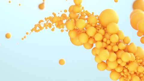 A stream of yellow balls of different diameters, abstract drops of orange juice, bright particles follow each other on a pale blue background, forming an arc. Futuristic design, 3D animation.