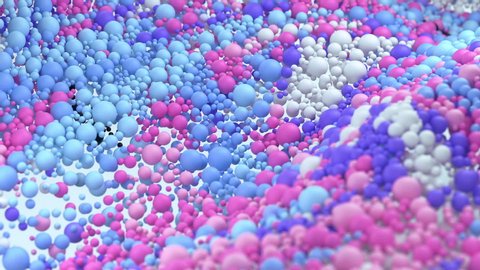 Waves of particles of different diameters, many  balls  spheres that change color from black to delicate pastel shades of pink, blue and purple. Futuristic animation, abstract background