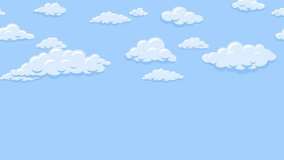 Cartoon clouds floating on the blue sky background. Seamless looping animation.