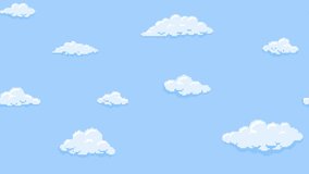 Cartoon clouds floating on the blue sky background, pixelated. Seamless looping animation.