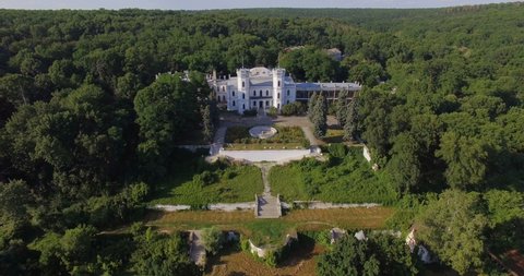 Aerial view to park and old abandoned palace in Sharivka, Kharkiv region landmark, Ukraine