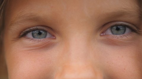 Close up of blue eyes of happy small girl blinking and looking into camera with a happy sight. Portrait of cute face of young smiling child watching with positive emotion. Front view