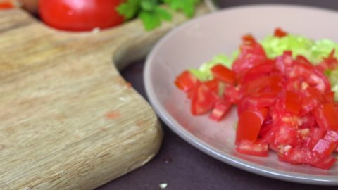 Pan Left. Cook cuts ripe red tomato on a wooden board.
Pan Right. Placing small pieces of chopped tomato on a plate with a kitchen knife.
Concept of homemade food and cooking.
Close Up Selective focus