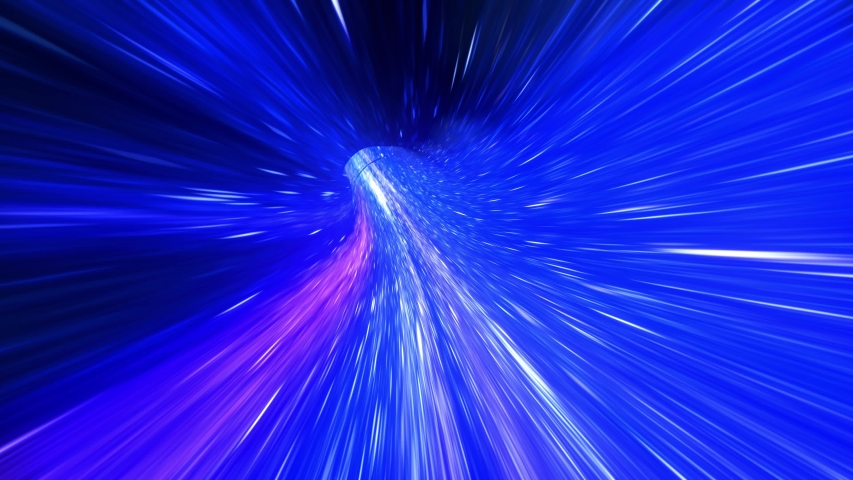 Wormhole through time and space, warp through science fiction. Abstract jump in space in hyperspace among colorful stars. Flying through blue purple data tunnel. Seamless loop, 3d animation in 4K