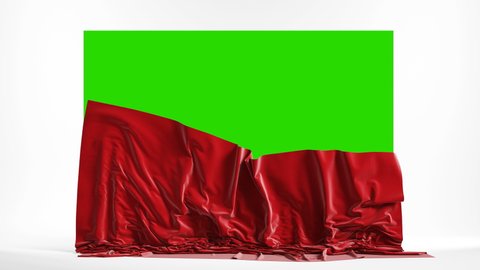 Presentation pedestal with a red silk cloth. Falling curtains with green chroma key, 4k