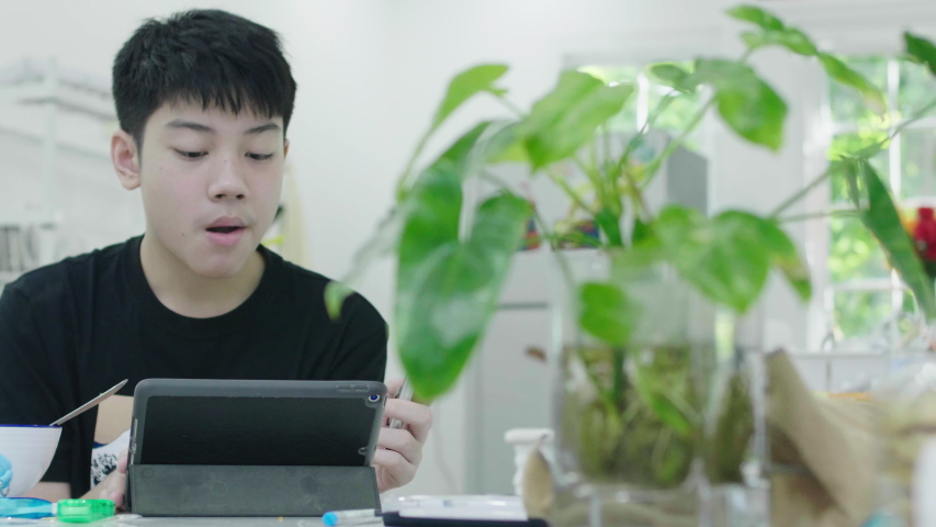 Asian teen student Studying online at home. The boy is interacting with the teacher through online teaching. Royalty-Free Stock Footage #1056148769