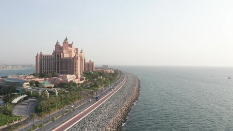 Aerial view of Atlantis hotel on man made islands, The Palm Jumeirah in Dubai, United Arab Emirates