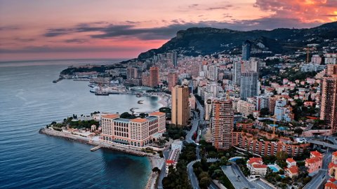 Aerial view of Monaco beach and Monte Carlo cityscape