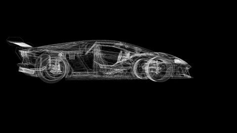 4K footage of 360 rotating white line wireframe sports car isolated on the black background with alpha channel for overlay design or screen blending video editing in hologram or futuristic hud concept