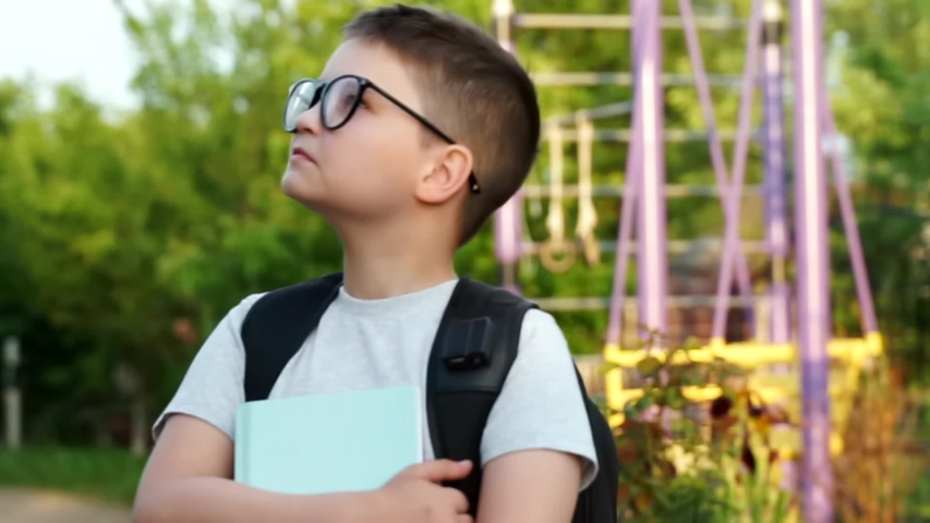 Surprised kid boy put off eyeglasses from face outdoors. child with backpack holding books going to school after vacation. Back to school. First Day at School. Short sighted or far sighted child.  Royalty-Free Stock Footage #1056156617