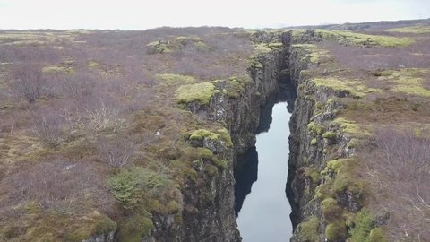 Thingvellir is one of the most popular tourist destinations in Iceland. Aerial view marks the crest of the Mid-Atlantic Ridge and the boundary between the North American and Eurasian tectonic plates.