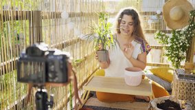 young woman blogger with small palm tree shoots new video talking about gardening and planting at small table on terrace on sunny summer day