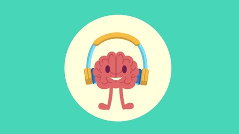 Animated cartoon design of human brain enjoying and listening music with headphones. Shot in 4k resolution