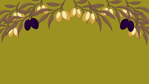 Black and green hand drawn olive leaves and fruits slowly swinging. Copy space. Motion design frame. Green background.