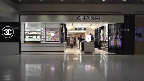NEW YORK - FEBRUARY, 2020: Chanel store. Chanel is a high fashion house specialized in women's haute couture clothes, luxury goods, and fashion, and accessories.