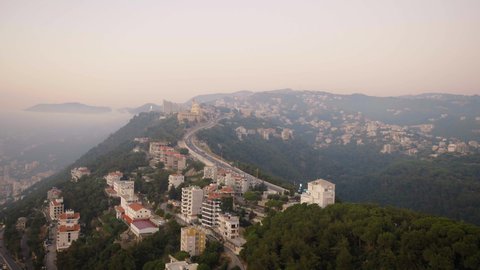 Beautiful view from Mount Harissa in Lebanon, Aerial drone shot of Harissa lebanon 
