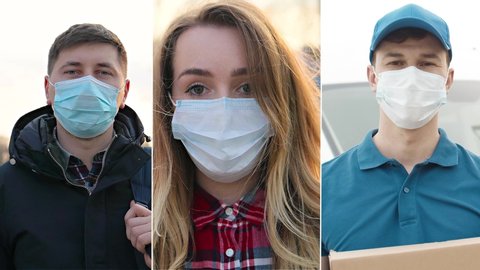 Multiscreen on diverse Caucasian people in city in quarantine. Handsome male in medical mask standing on street. Beautiful young girl looking at camera. Delivery man looking away. Virus concept