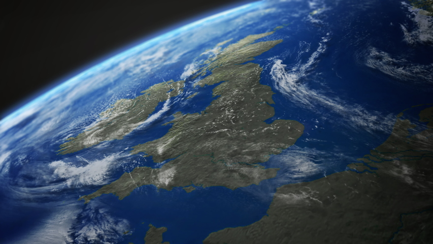 Map view of UK, Britain, England, Scotland, Wales, Ireland from above the clouds from space. Royalty-Free Stock Footage #1056183764