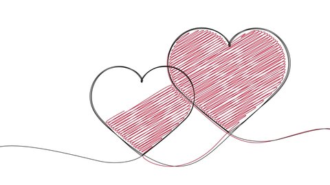 Two hearts in one continuous line style with red hatching animation
