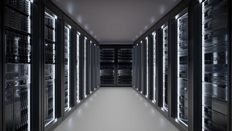 Cloud data server panels in a server room of a data center. Dolly Shot in 4K High Quality Animation
