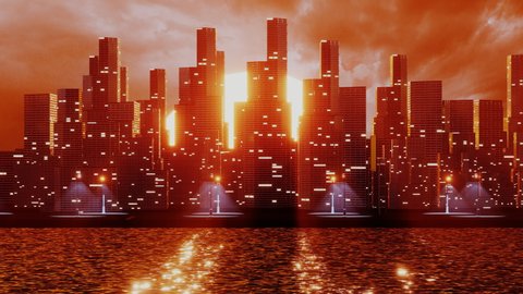 Futuristic city with skyscrapers near the water. 3D render animation. Retro city landscape urban skyline cityscape concept for video games, VJ and DJ